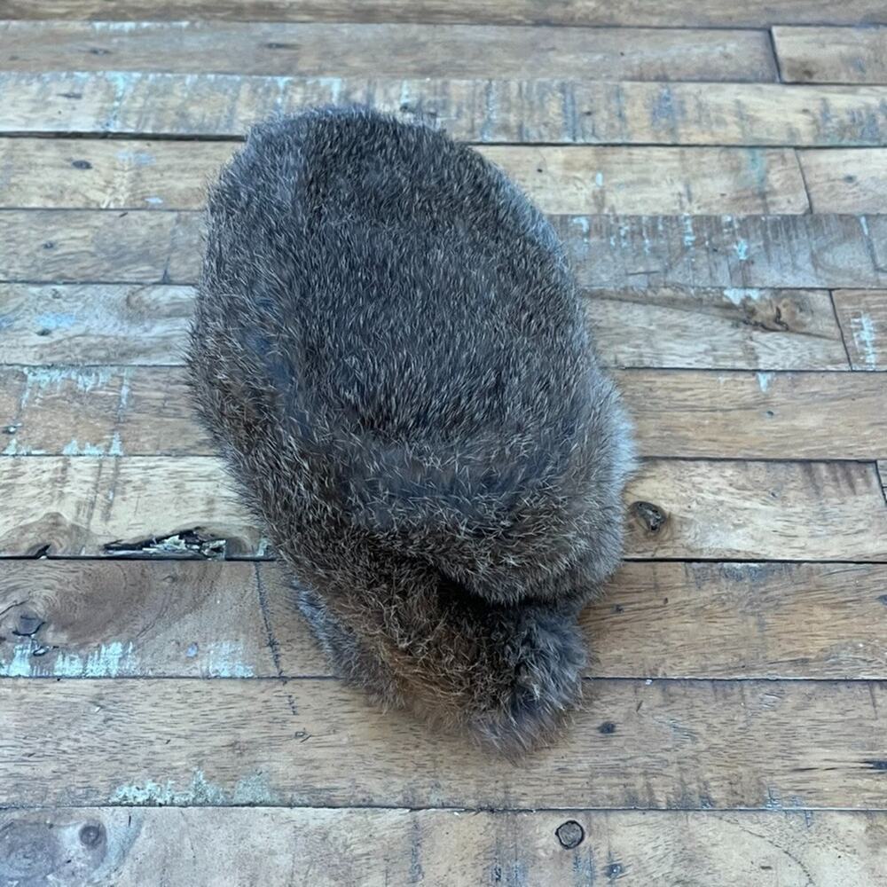 Brown Rabbit Fur Pillbox Hat Lined with Fabric